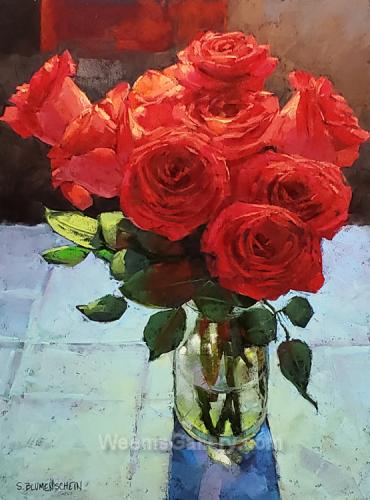 Coral Roses in my favorite jar by Sarah Blumenschein